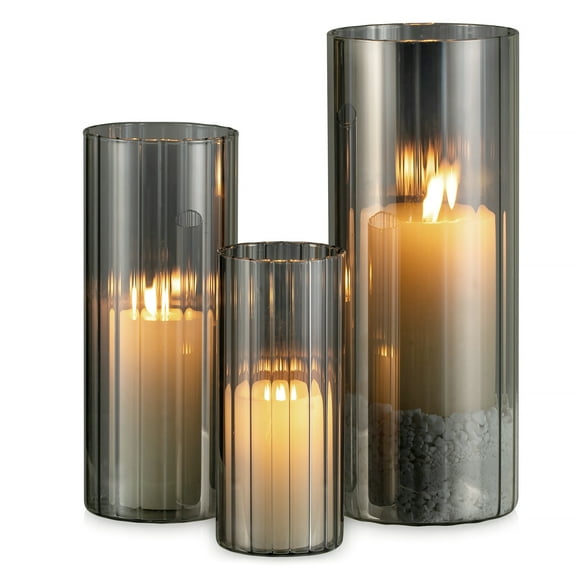 Glasseam Set of 3 Ribbed Glass Hurricane Candle Holders: Elegant Cylinder Vases for Pillar and Floating Candles, Modern Home Decor for Living Room and Events