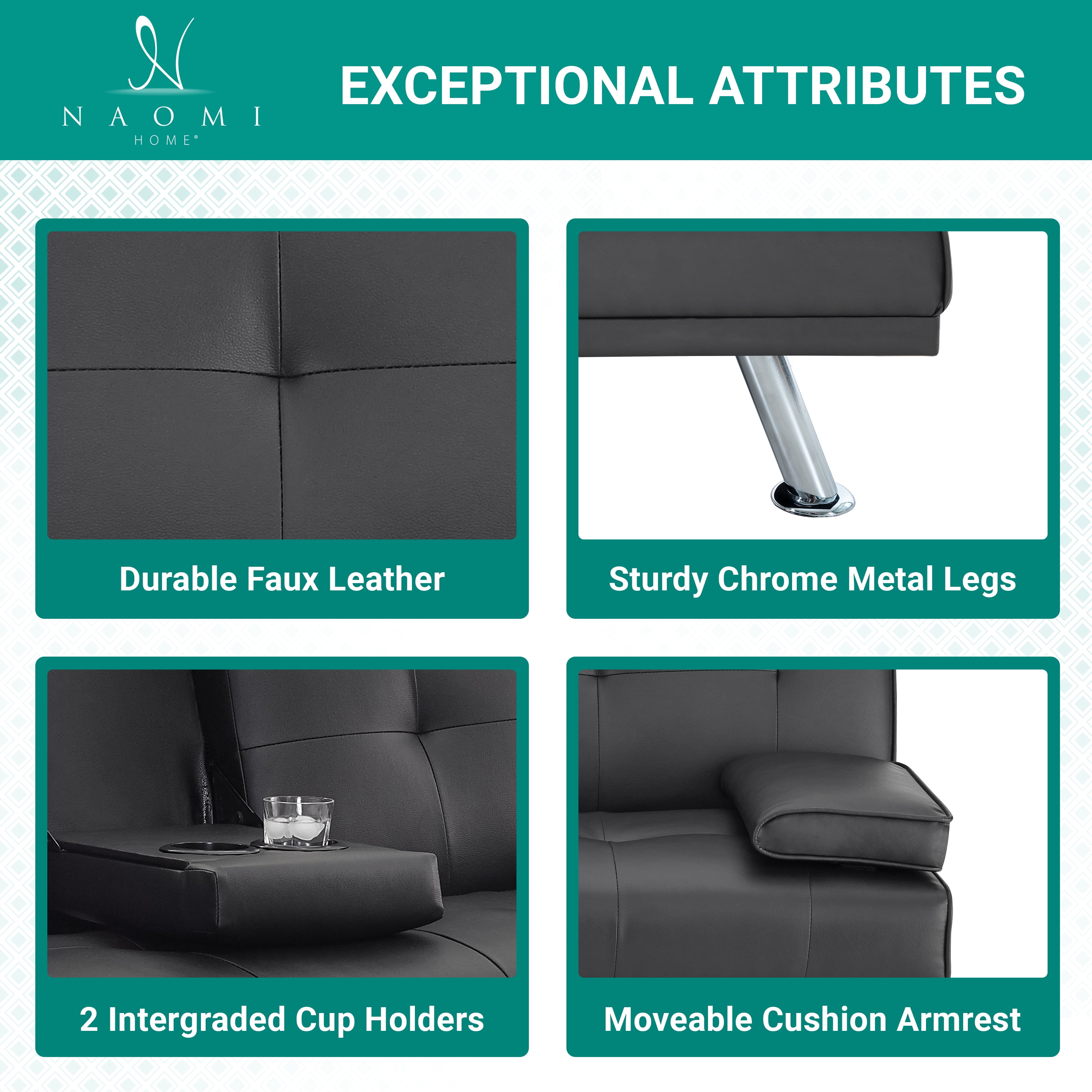Futon Sofa Bed, Faux Leather Futon Couch with Armrest and 2 Cupholders, Pull Out Sofa Bed Couch Convertible with Metal Legs, Folding, Reclining Small Couch Bed, Futon Bed for Living Room - Black