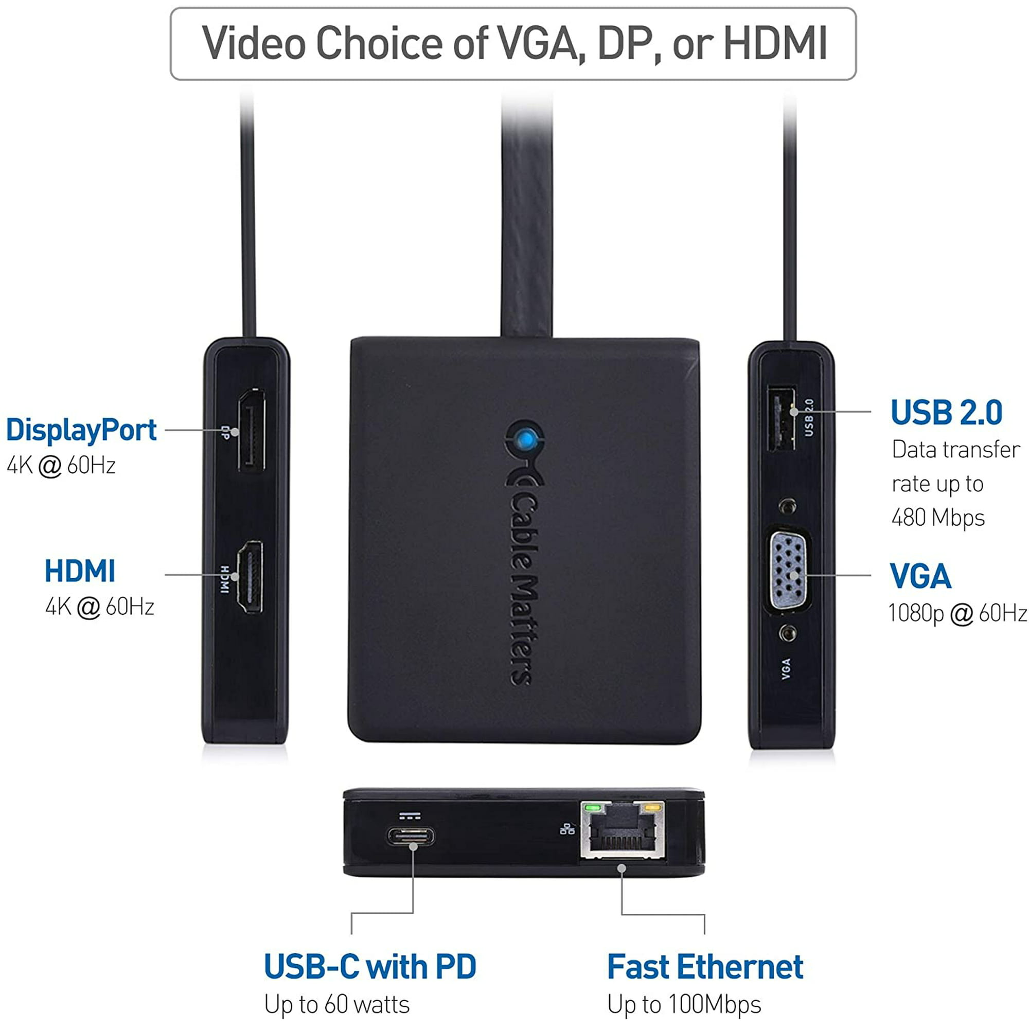 Matters USB C Hub with HDMI, DisplayPort, VGA, USB 2.0, Fast 60W PD in Black - Thunderbolt 3 Port | Walmart Canada