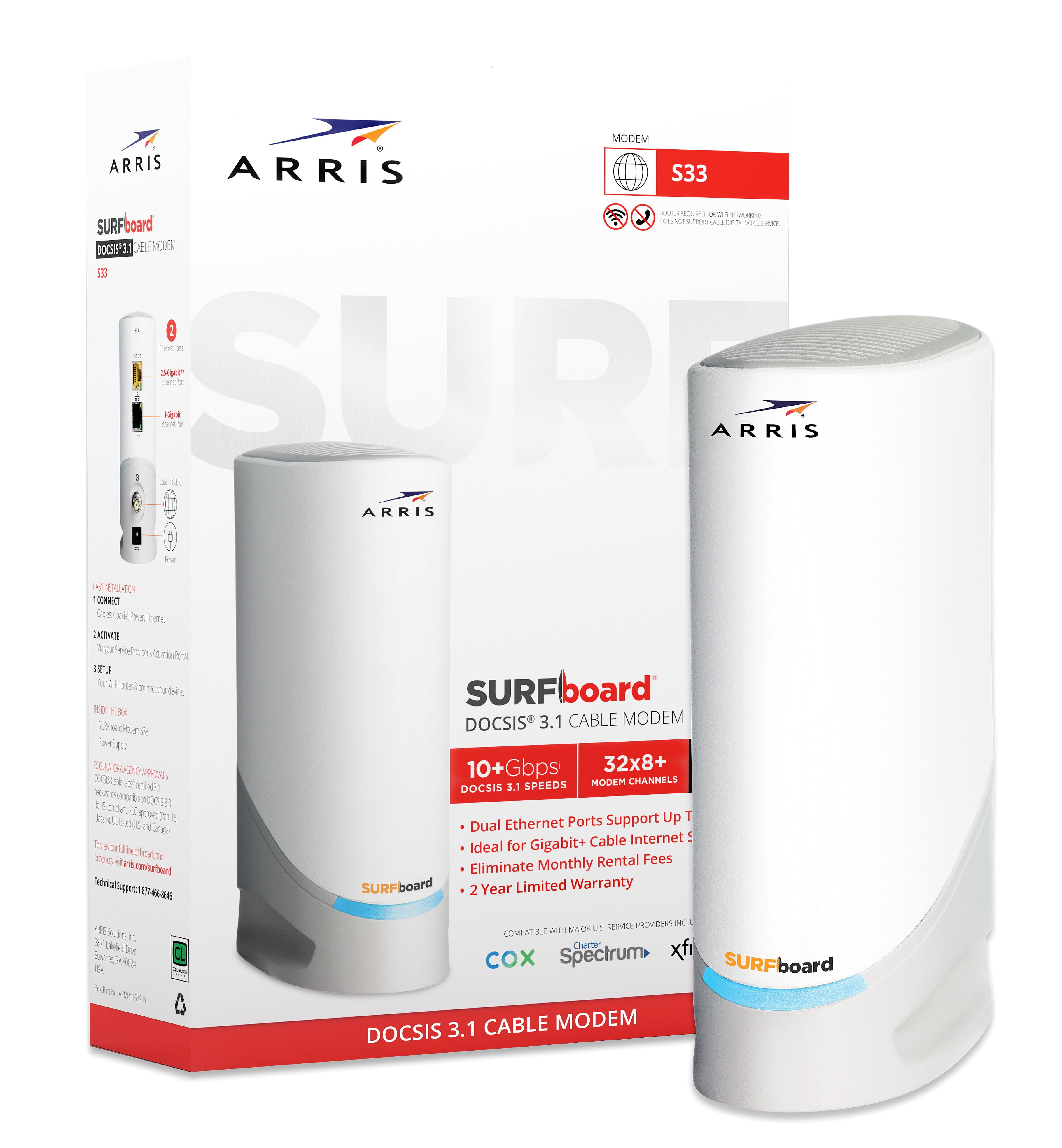 ARRIS SURFboard DOCSIS 3.1 Multi-Gigabit Cable Modem with 2.5 Gbps Ethernet Port, Approved for Cox, Xfinity, Spectrum and Others