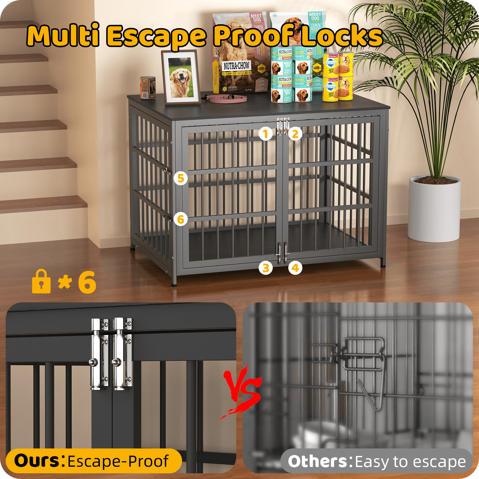 Ironovahome 42" Heavy Duty Dog Crate Furniture, Chew-Proof & Escape-Proof Wooden Dog Cage with Safe Locks & Double Doors, XL Indoor Dog Kennel Pet House for Large Dogs Up to 85lb, Black