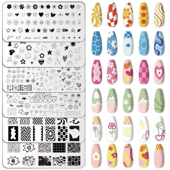 Whaline 6Pcs Preppy Nail Plates Stamping Set Heart Flower Butterfly Star Smiling Stamp Templates Groovy Nail Art Plates for DIY Print Manicure Salon Design Gift E22