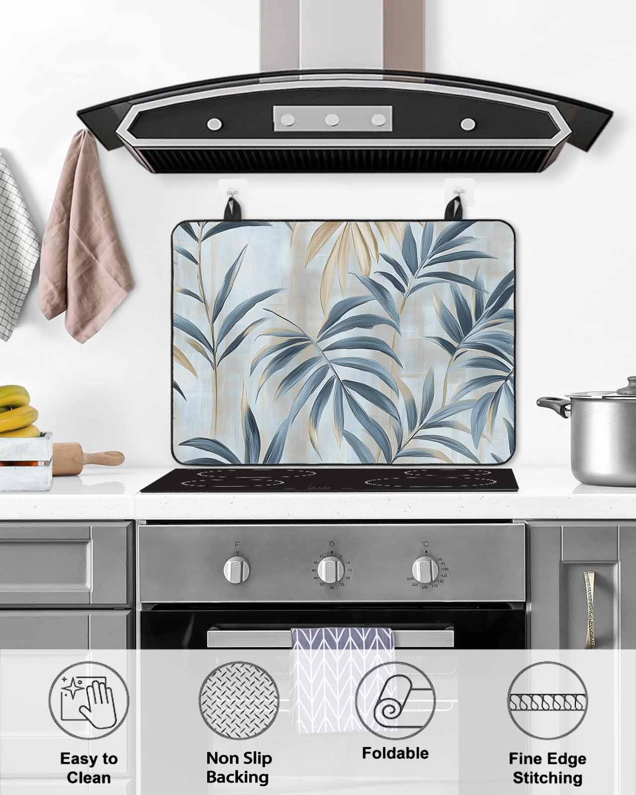 nqOlkjepod Large Induction Cooktop Protector Mat 24"x21", Blue Brown Botanical Stove Top Covers for Electric Stove, Pastoral Summer Leaf Decorative Stove Burner Cover Mats, Glass Top Stove Cover