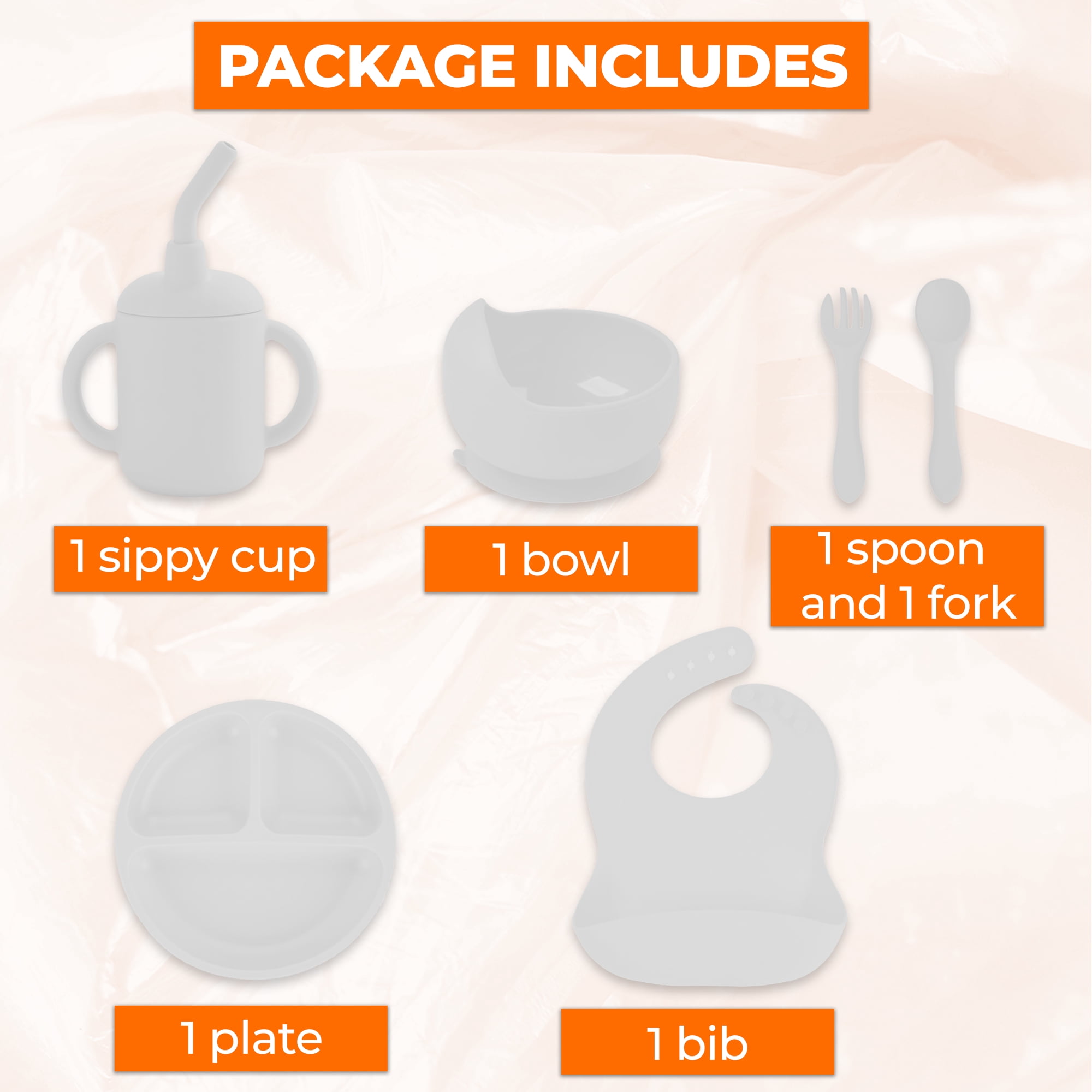 Silicon Feeding Set | Suction Bowl,Suction Plate,Fork, Spoon, Bib, Sippy Straw Cup.
