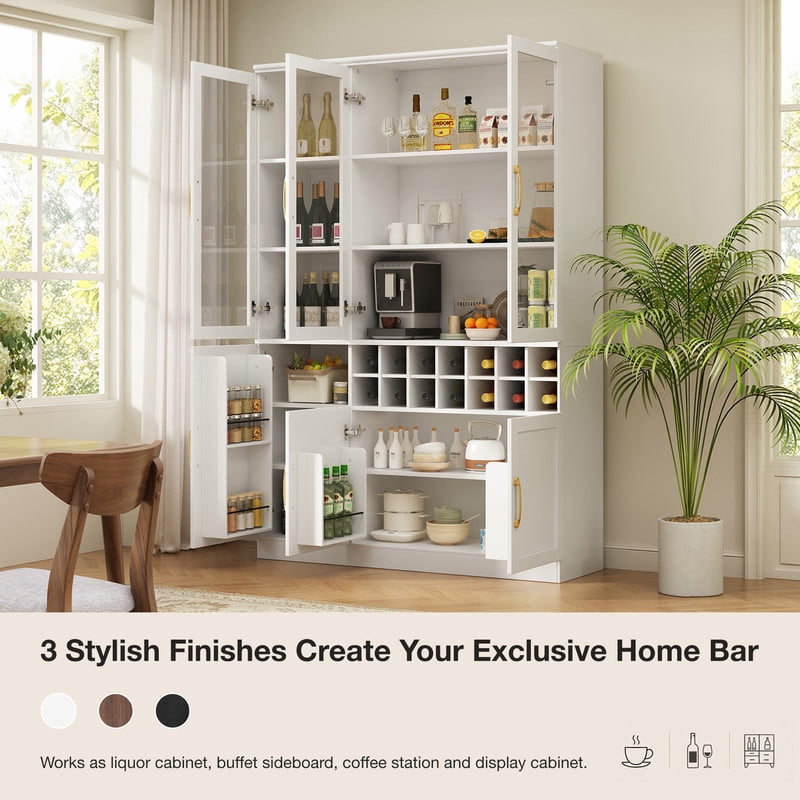 Tall Wine Storage Cabinet with Glass Doors, Freestanding Home Bar Pantry Cabinet with Goblet Rack & 18-Bottle Grid