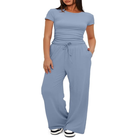 LYMAYTER Women Casual Suit Short Sleeve Ruched Tops High Waisted Wide Leg Pants Tracksuit Sets XS-2XL