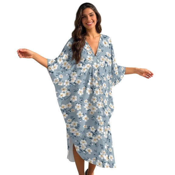 Xixirimido White Cherry Blossom Grey Print Women's Kaftan Dresses Plus Size Beach Cover Up V-Neck Batwing Sleeve Swimsuit Coverup Summer Caftan Dress