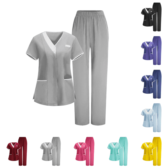 Womens Scrubs Set Color Block V Neck Scrub Top & Straight Leg Pants Pocket Stretch Medical Uniform Nursing Scrubs Grey S