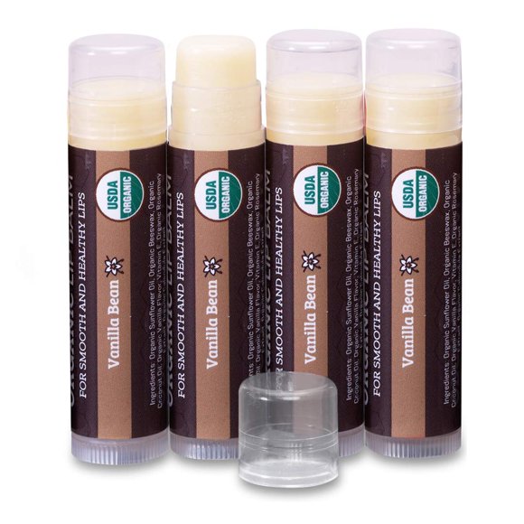 Bálsamo labial orgánico USDA, paquete de 4 de Earth's Daughter, sabor a vainilla, cera de abejas, aceite de coco, vitamina E, el mejor lápiz labial reparador para labios secos y agrietados.