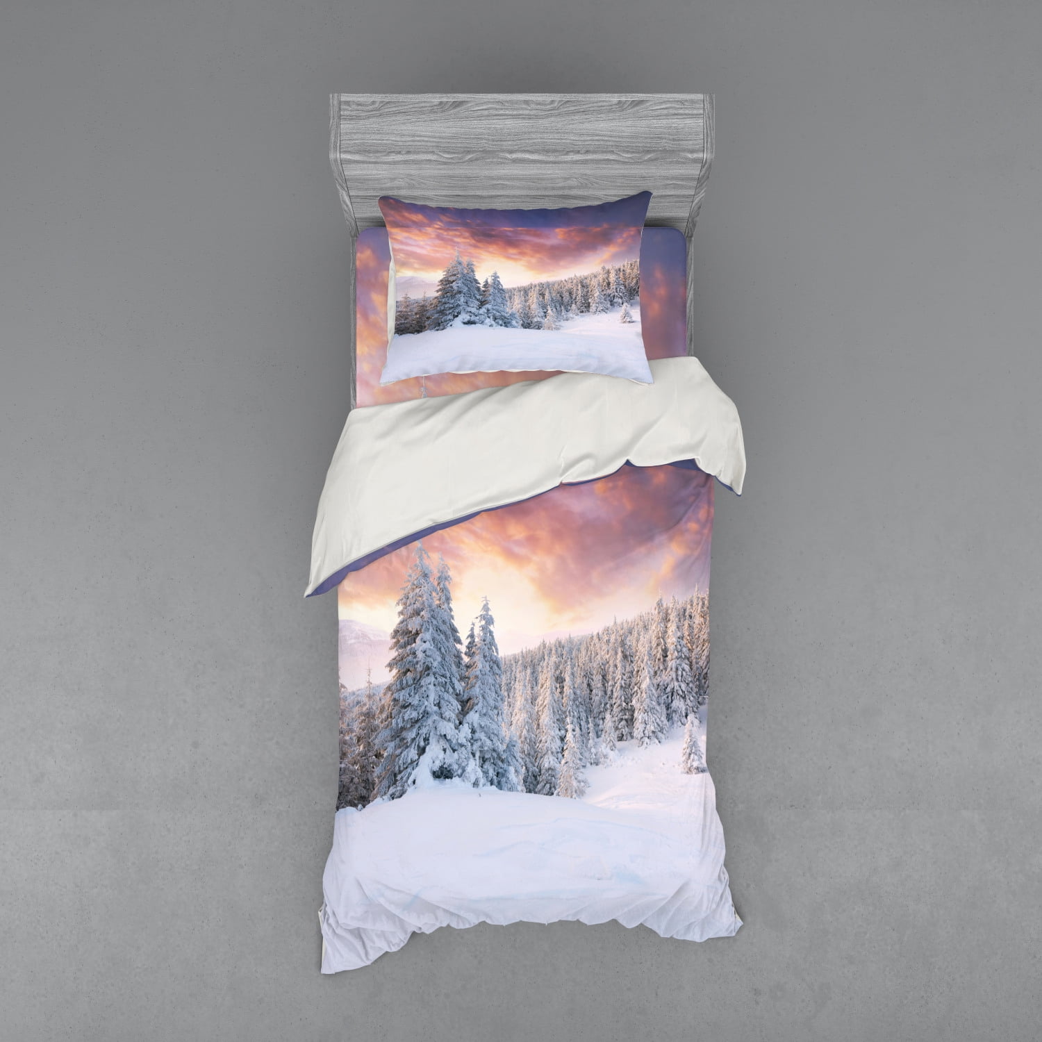 Winter Duvet Cover Set, Sunrise in Winter Landscape Snowy Fields Frozen