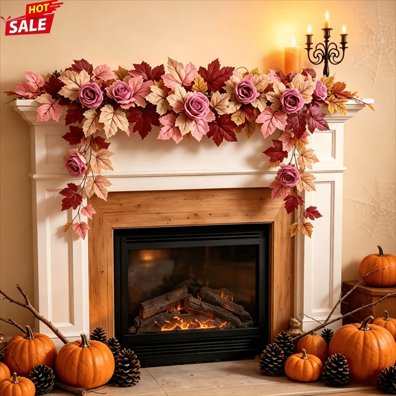 39.37 Inch Fall Garland with Maple Leaves & Pink Roses, Fabric Autumn Vine for Mantel, Table Centerpiece, Doorway, Indoor Thanksgiving Harvest Halloween Farmhouse Holiday Hanging Decorations