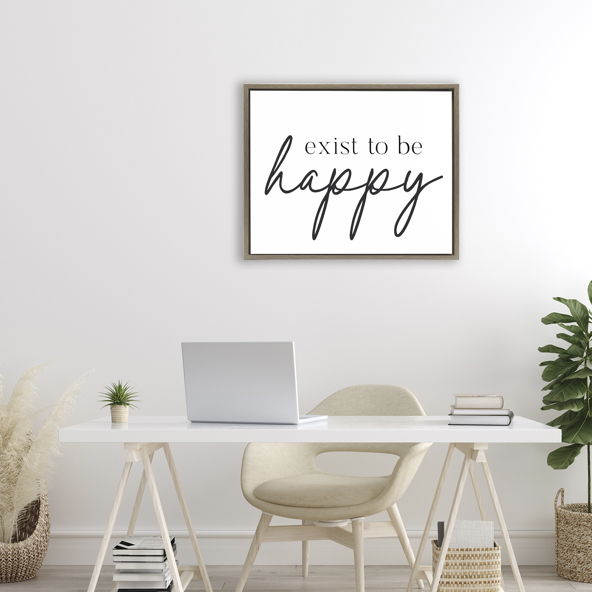 Exist To Be Happy Brown Framed Floater Canvas Wall Art, design by Lettered and Lined