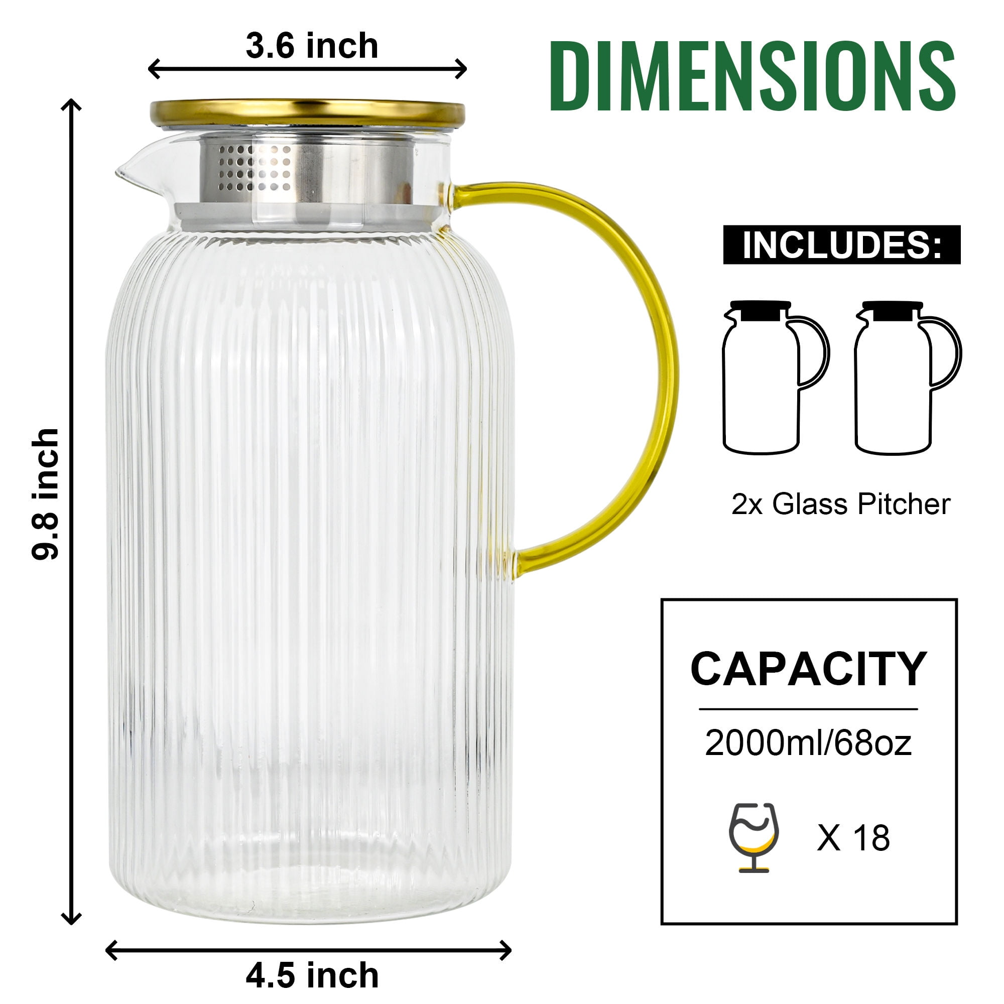 Soulgenix Glass Pitcher, 68oz Pitchers with Lid and Handle-2Pack, Glass Carafe for Hot/Cold Water, Large Iced Tea Pitcher for Coffee, Juice and Homemade Beverage