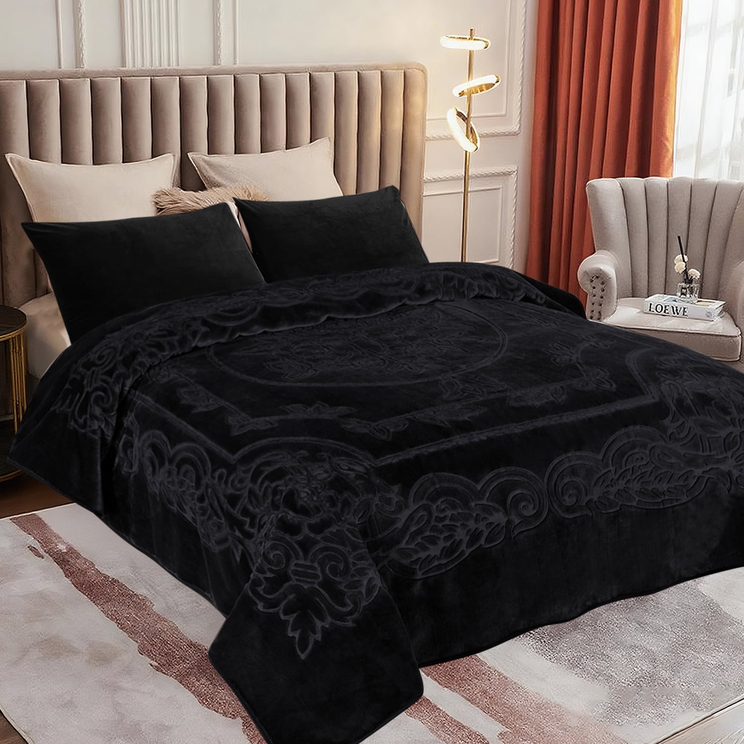 Heavy Thick Fleece Blanket King Size, 9lbs,1 Ply Silky Soft Warm Flower Embossed Raschel Winter Blanket, Minky Soft Plush Blanket for Sofa Bed, 85"x95", Black