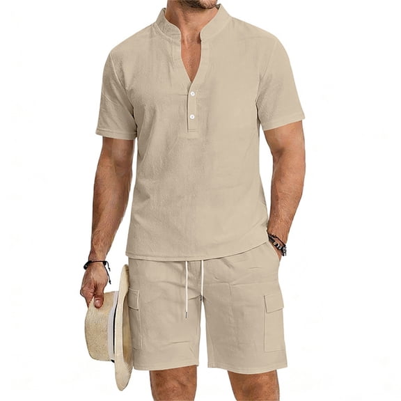 Eryao Men Casual Tracksuit Sets 2 Piece Short Sleeve Button V Neck Shirts Matching Elastic Waist Shorts with Pockets Summer Beach Lounge Outfits,Khaki,L