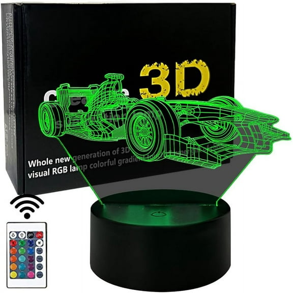 YSTIAN Race Car 3D Illusion Night Light with USB Power Remote Control 16 Colors Flashing Changing,Room Decor Birthday Xmas Gift for Boys Girls Men Boyfriend