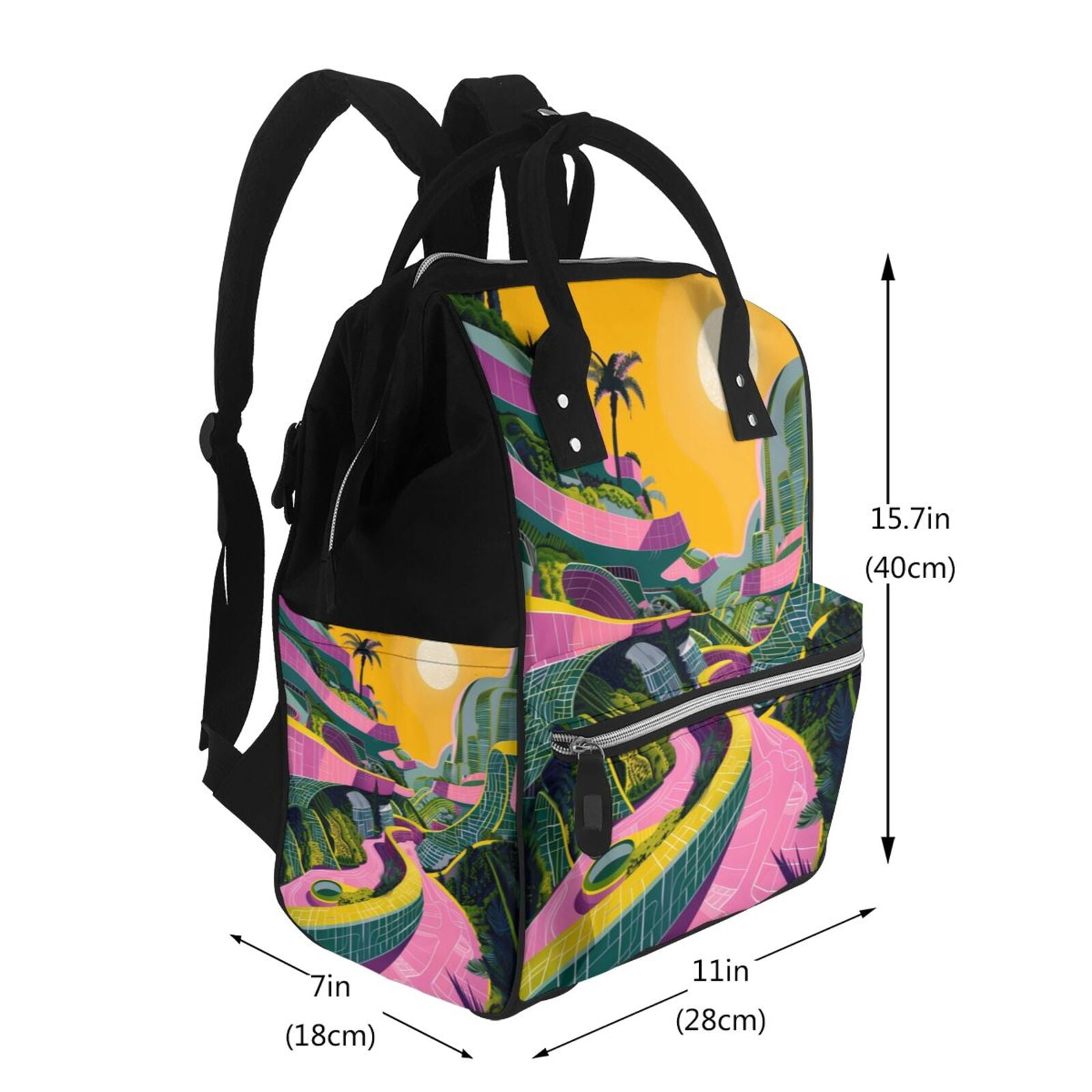 Fuzoiu Retro Futuristic Landscape Print Diaper Bag Backpack,Baby Essentials Travel Tote,Multi function Waterproof Diaper Bag, Travel Essentials Baby Bag - Unisex