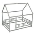 thumbnail image 6 of Modern Full Floor Bed with Wooden House Roof Frame, Floor Bed Frame with Safety Fence Guardrails, Floor Bed for Kids, Children, Boys, Girls, Grey, 6 of 8
