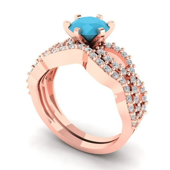 Clara Pucci 18K Rose Gold 1.57 Simulated Turquoise Engraveable Engagement Ring   Wedding Band Set