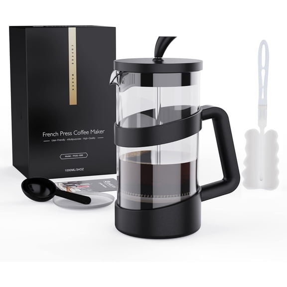 Large French Press Glass Travel Camping Coffee Makers Pot, 34 oz Portable Cold Heat Press Coffee Tea Brewer