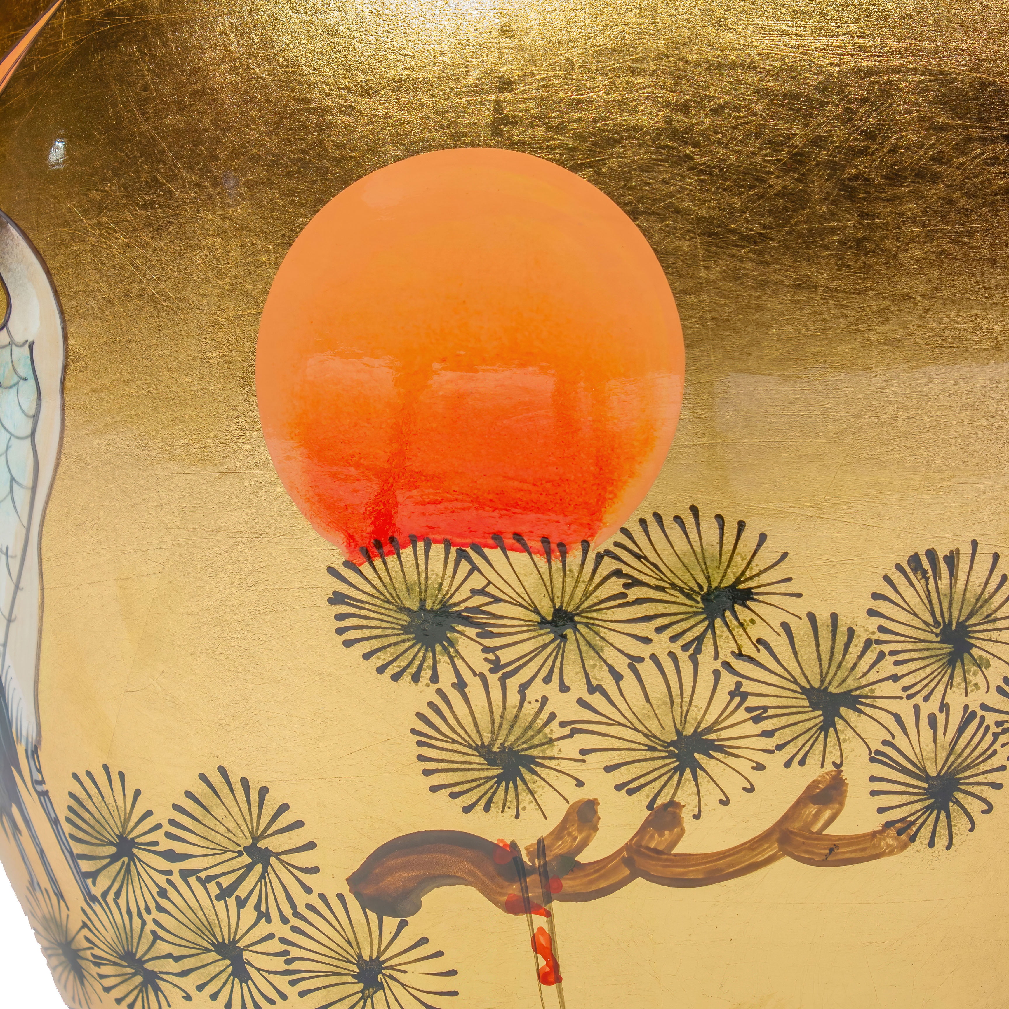 Oriental Furniture 12" Gold Lacquer Fishbowl - Cranes