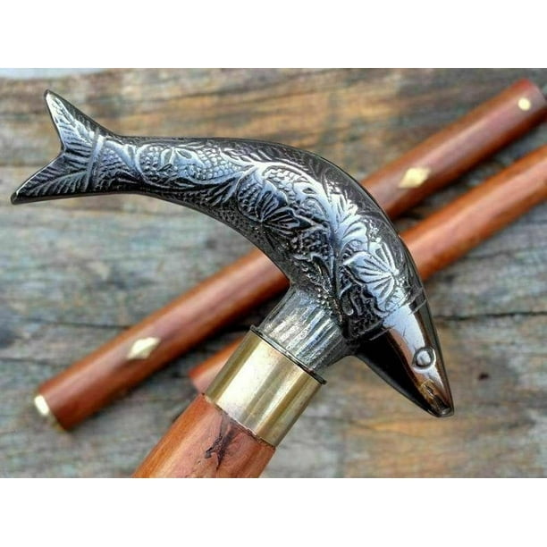 NauticalMart Walking Sticks, Rare Fish Brass Handle Wooden Walking Cane, Wooden Wands, Handmade Hiking Sticks, Best Walking Stick Cane Gift for Women