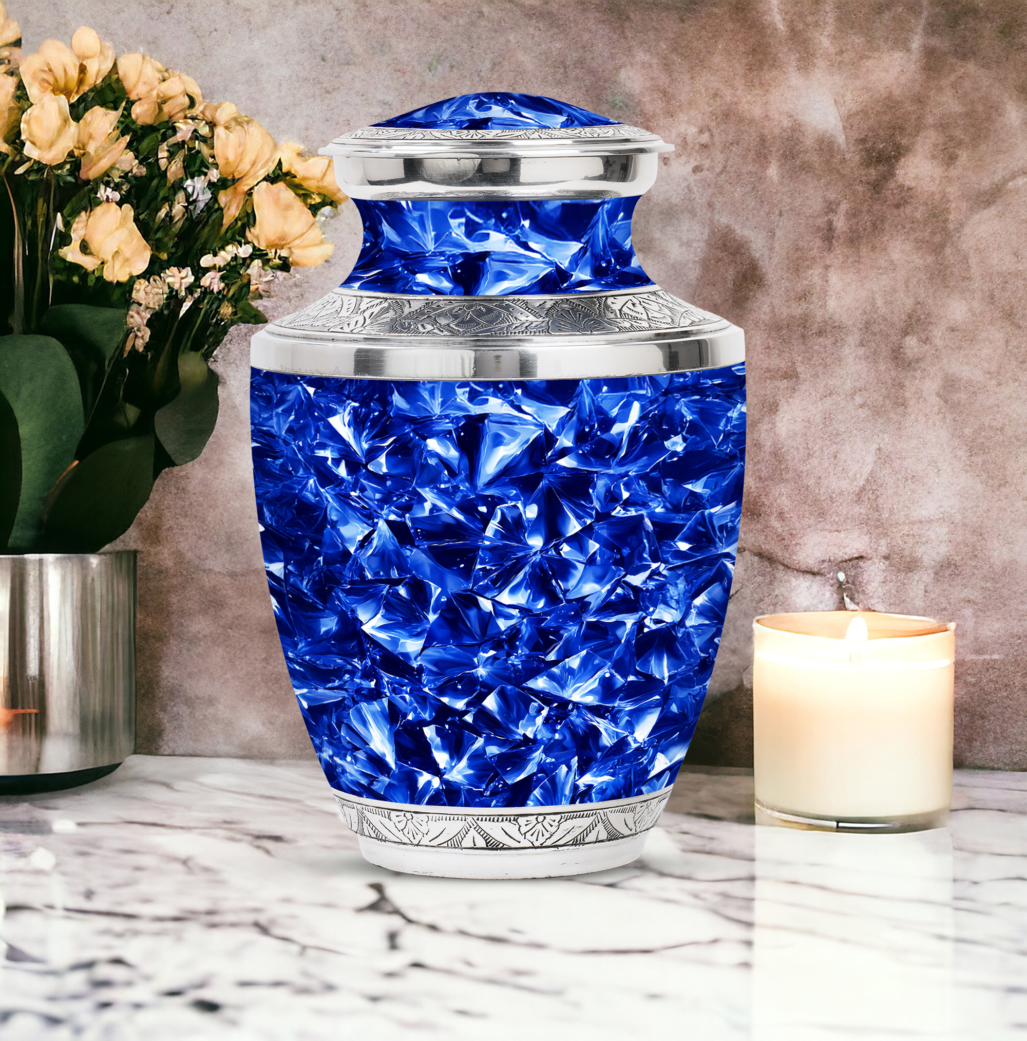 MUKTIVE Crystal Abstract Memorial Urns for Adult Male - Funeral Urn for Ashes for Women - Large Blue Urn for Brother & Sister - Burial Urns for Adult Human Ashes for Cremation - 10 Inch