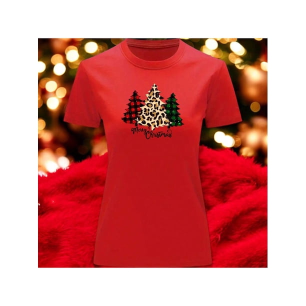 Playera Blusa Con estampado de Pinos De Navidad Merry Christmas Color Rojo Talla Mediana Marca Emil SaEs