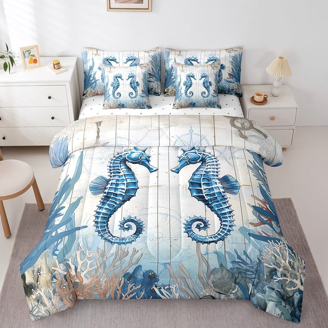 YST Seahorse Comforter Set, 7-Piece Vintage Ocean Coastal Bedding Set, Twin Size