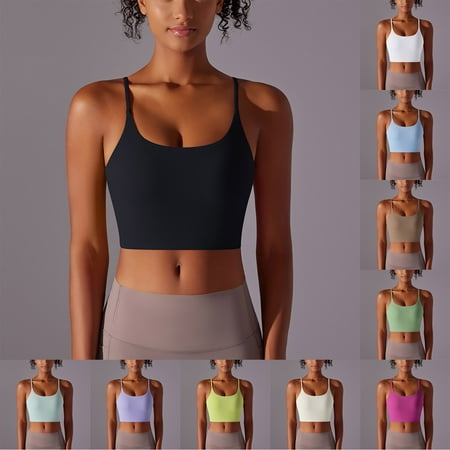 Otntypg Women s Strappy Stretch Sports Bra Longline Yoga Tank Top Fitness Bra Workout Raceback Camisole Crop Tops for Teen Girl Khaki XL