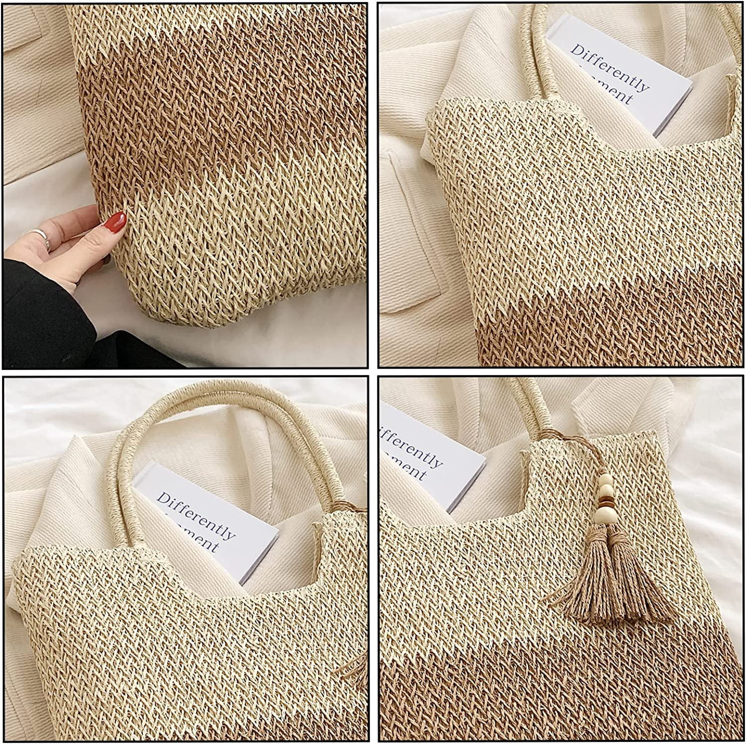 Kukuzhu Straw Beach Bag, Summer Woven Tote Bag with Tassels Large Shoulder Handbag Straw Purses and Handbags for Women