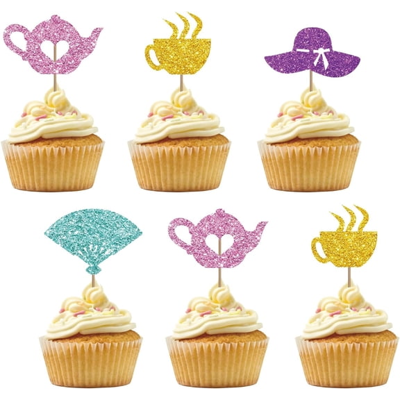 12pcs Teapot Cupcake Toppers for Tea Party Baby Shower, Pink & Gold Glitter Afternoon Tea Cupcake Toppers, Tea Cup Cake Decoration for Bridal Shower/Garden Themed Party Supplies