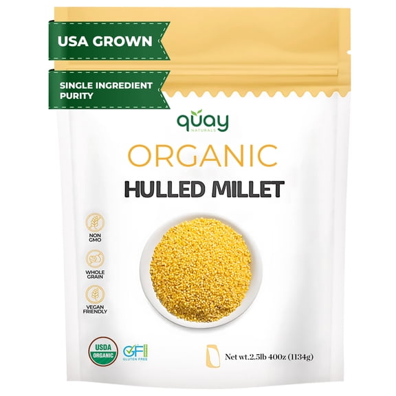 Quay Naturals Organic Hulled Millet, 2.5 lbs, USA Grown, Non-GMO, Gluten-Free, Whole Grain, Easy to Digest, Vegan-Friendly