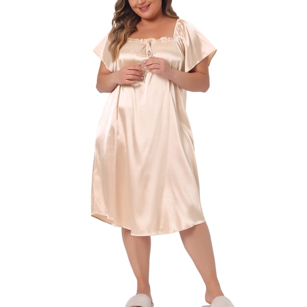 Vestido de dormir suelto plisado de satén de seda para mujer de tallas grandes Agnes Orinda 3X Champagne