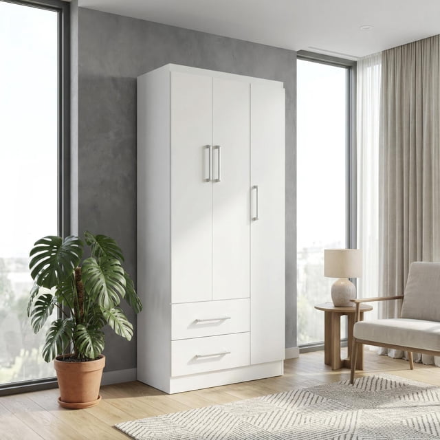 Ropero Closet Armario de Madera con Cajones, Entrepaños y 3 Puertas, Almacenamiento de Ropa blanco