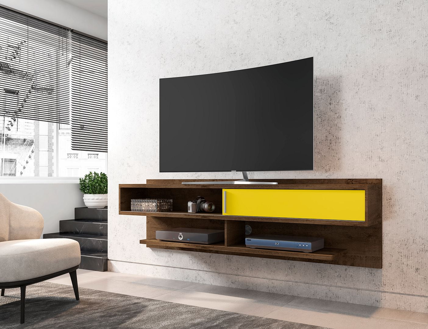 Manhattan Comfort Astor 21"H Wood Floating Entertainment Center in Brown/Yellow