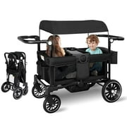 Folding Wagon Stroller for 2 Kids, Convert to Newborn Bassinet, 2 Seater w/Removable Canopy, Adjustable Handle, All-Terrain Shock-Absorbing Wheel, Detachable Tray, Diaper Bag, Black