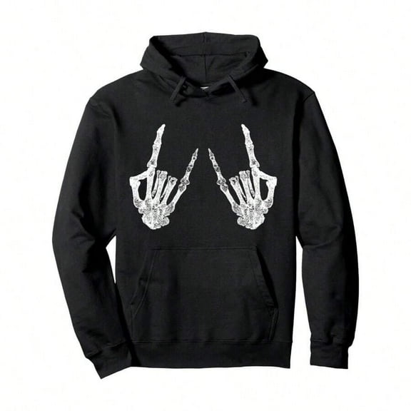 Skeleton Rocker Halloween Pullover Hoodie For Teens, Crew Neck Sweatshirt, Ultra Soft, Breathable, Casual Loose  Long Sleeve Hooded Sweats