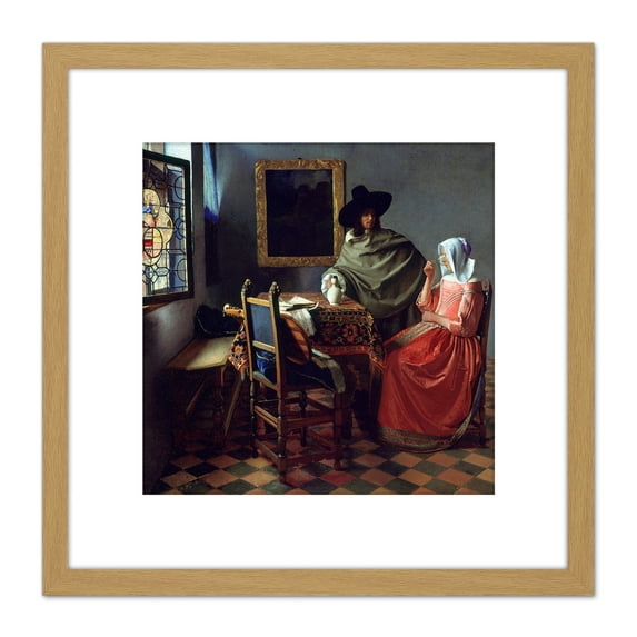 Jan Vermeer Van Delft The Glass Of Wine 8X8 Inch Square Wooden Framed Wall Art Print Picture with Mount