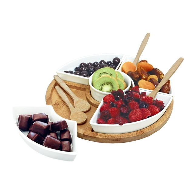 JS Gourmet - Appetizer Serving Set, Bamboo Tray, Ceramic Bowls and Spoons