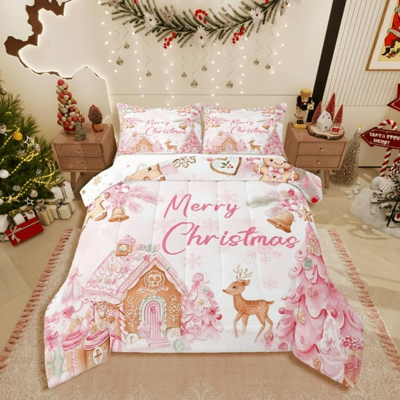 Manfei Animal Deer 2pcs Bedding Comforter Set,Merry Christmas Twin Comforter Sets,Gingerbread Man Breathable Bedding Set,Ultra Soft Xmas Home Decor,Reversible