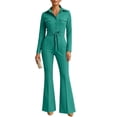 thumbnail image 2 of Gamivast Button Down Jumpsuit for Women Long Sleeve Collared Neck Belted Waist Flare Leg one Piece Outfit with Chest Pockets for Office Work Business Party and Dressy Evening Wear Green L, 2 of 6