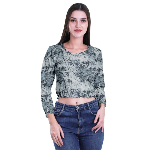 Moomaya Hauts Courts à Manches Longues pour Femmes T-Shirt Court Imprimé à Col Rond