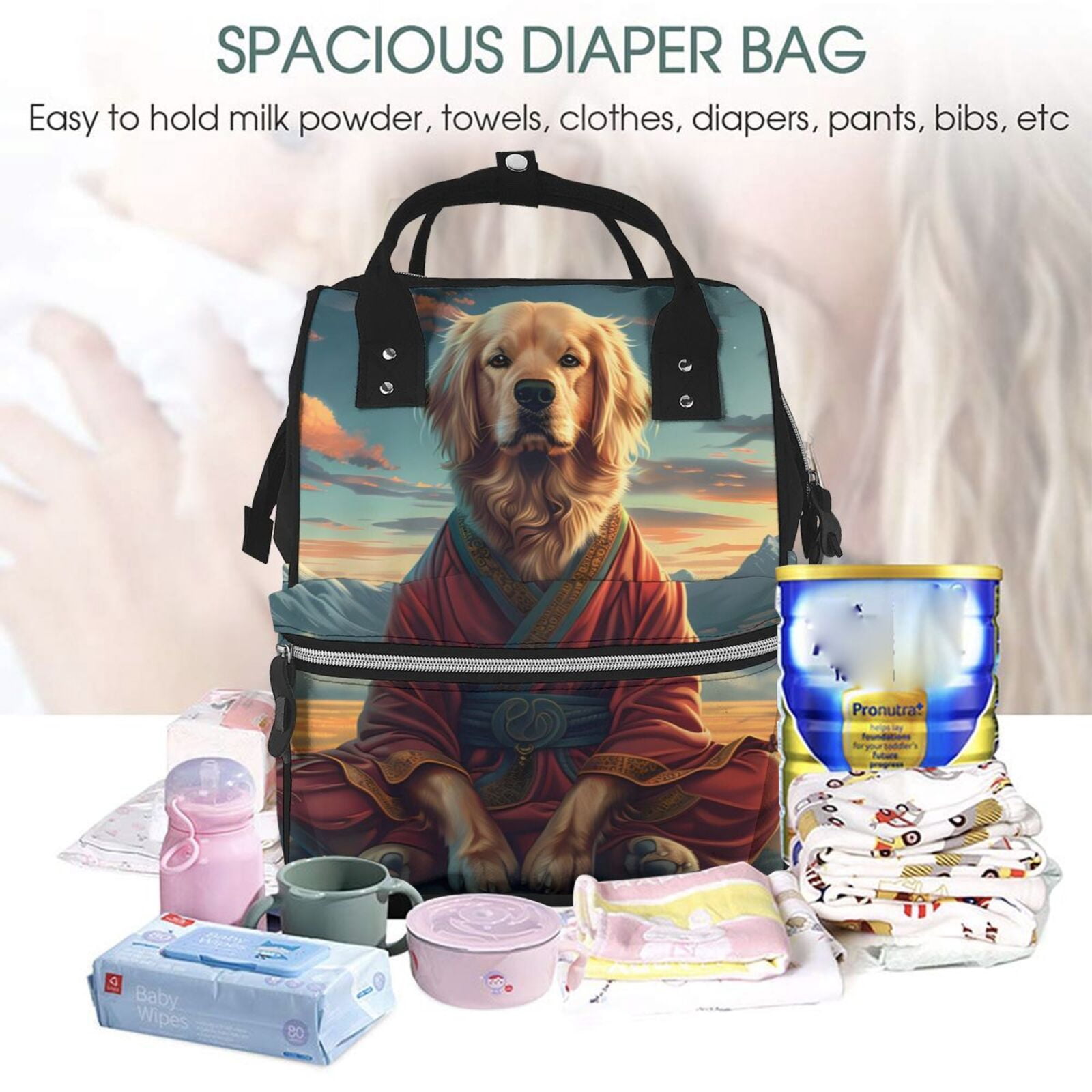 Ratiio Meditating Golden Retriever Mummy Backpack - Waterproof Twill Canvas, Large Capacity Diaper Bag with Multiple Pockets and Adjustable Straps