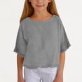thumbnail image 3 of Faraee 3/4 Sleeve Cotton Linen Cropped Tops for Teen Girls Kids Ruffle Hem Crewneck Solid Blouses Summer Loose Shirt 5t 6t 7t 8t 5-15 Years Grey, 3 of 6