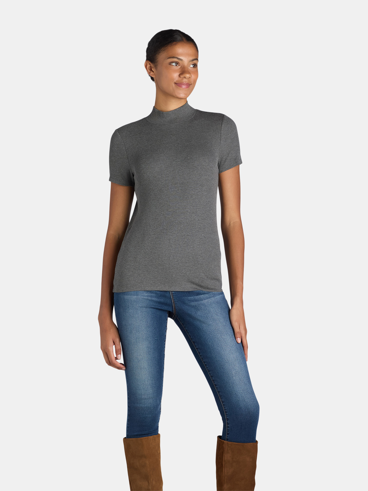 Time and Tru Women's Mock Neck Top with Short Sleeves, 2-Pack, Sizes XS-XXXL