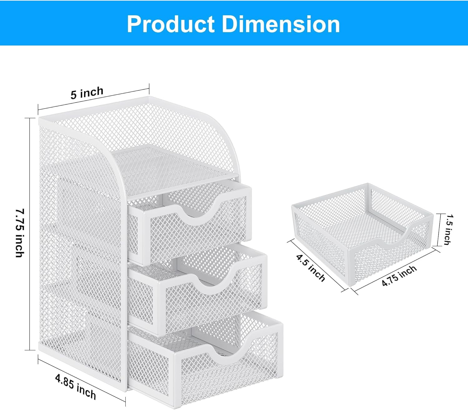 Mesh Desk Organizer with 3 Drawer Office Desktop Organizers and Accessories Stationery Caddy for Office, Home, Students, White