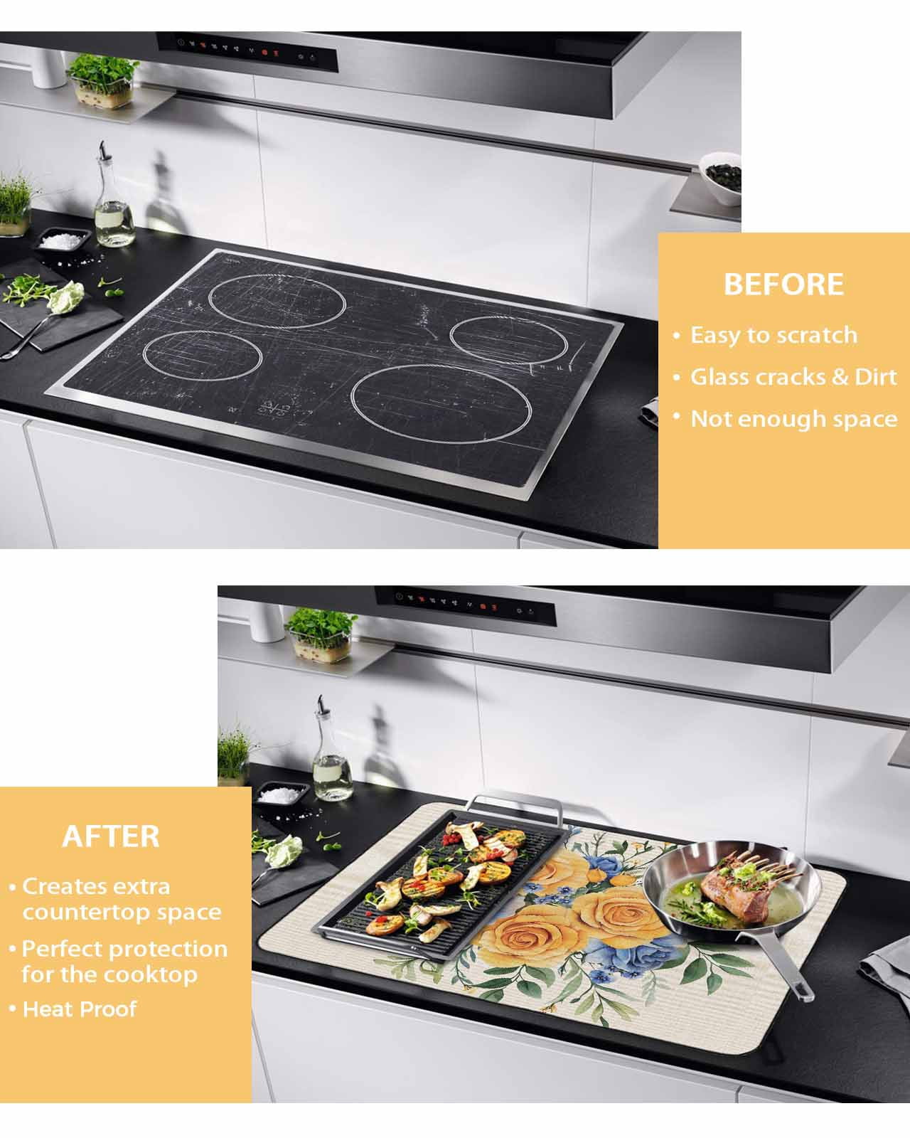 nqOlkjepod Large Induction Cooktop Protector Mat 36"x21", Yellow Blue Floral Stove Top Covers for Electric Stove, Eucalyptus Leaves Botanical Stove Burner Cover Mats, Glass Top Stove Cover