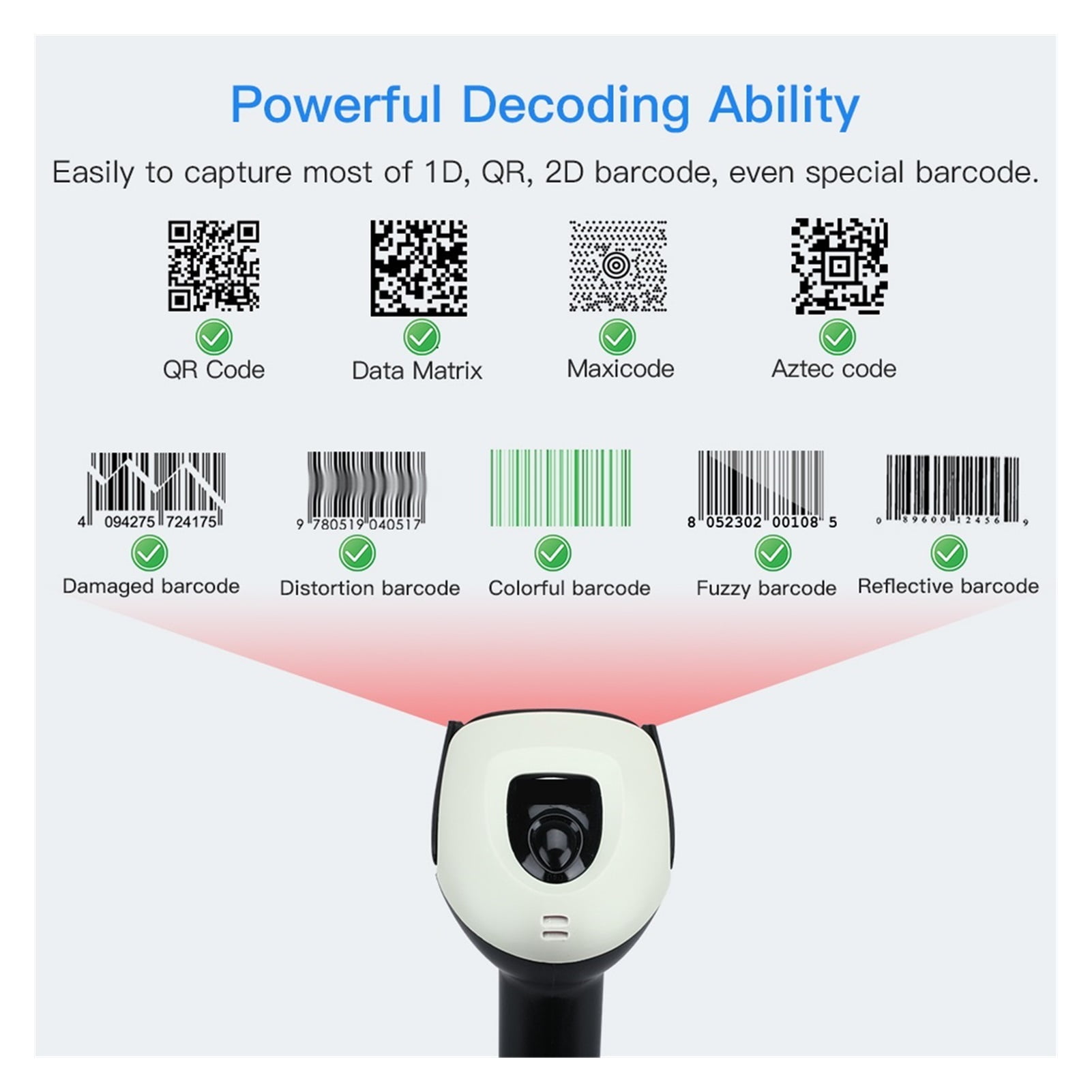 Wireless 2D Barcode Scanner With Adjustable Stand Bluetooth 2.4G Wireless USB Wired Handheld Barcode Reader 1D QR Scanner ,Easy to Operate