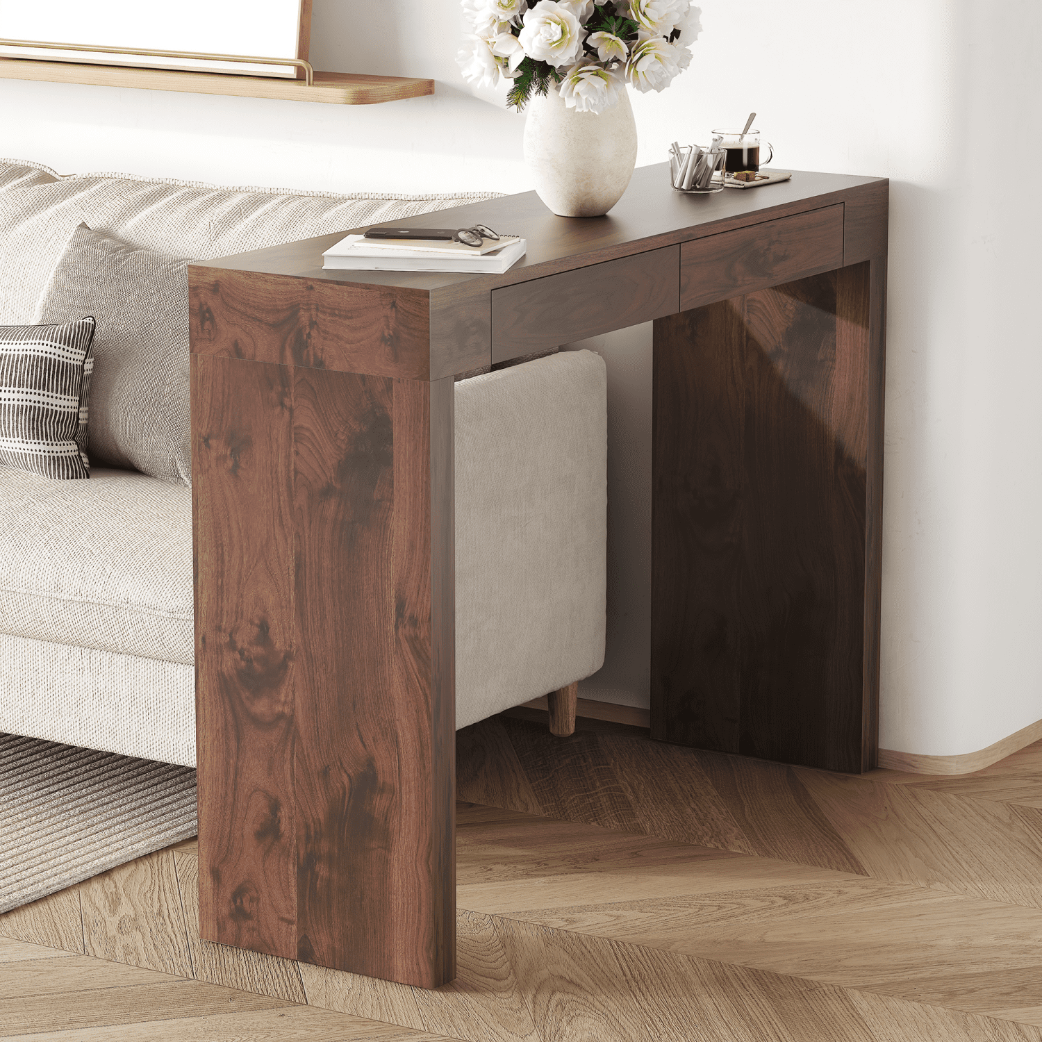Youmumeub Modern Walnut Console Table & Desk, 50 Inch Narrow Entryway Table with Storage Drawers, High Standing Computer Desk for Home Office & Hallway, Natural